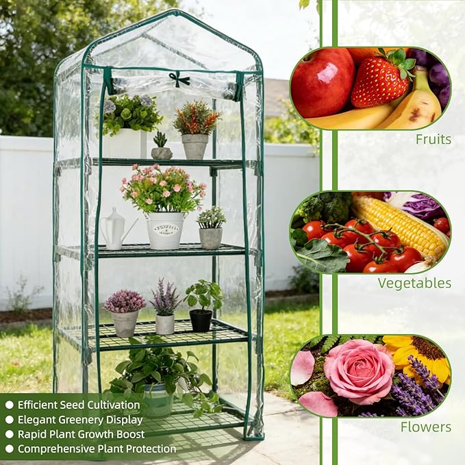 Mini Greenhouse for Indoor Outdoor Small Plants Green House with 4 Tier Shelves Portable Plastic Greenhouses with Transparent PVC Cover for Garden Backyard Patio Balcony Porch