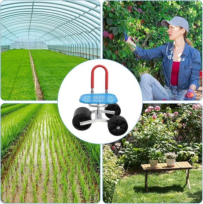 Rolling Garden Cart with Seat Yard Stool for Planting Rolling Scooter with 3 Wheels Adjustable Seat Height 360° Degree Swivel Yard Chair