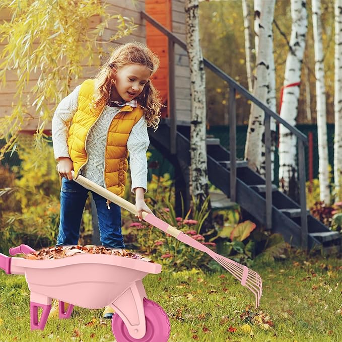 Kids Gardening Set with Wheelbarrow Real Metal Garden Tools for Kids Ages 3-8 4 Long Handle Tools 3 Hand Tool Gloves 5 Stickers Handbook Outdoor Backyard Toys for Toddler Gift