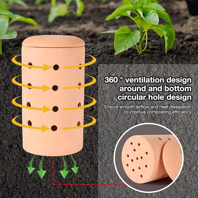 Underground Compost Bin 11Inch Garden Worm Farm Outdoor for Organic Refuse Red Pottery Ceramics Compost Bin with Holes and Lid Clay for Garden Vegetable Patch Backyard