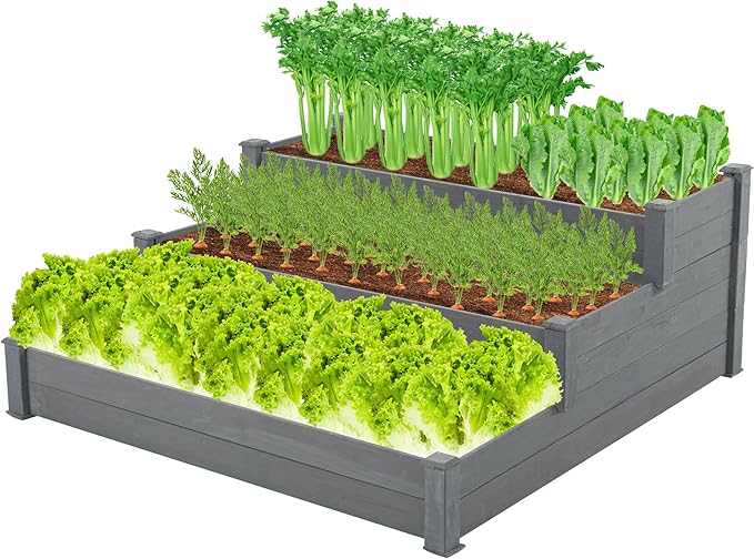 GERRIT 48.6 x 48.6 x 21inch 3 Tier Raised Garden Bed Horticulture Outdoor Elevated Flower Box Wooden Tiered Garden Bed Vegetables Growing Planter for Backyard/Patio/Gardener (Grey)