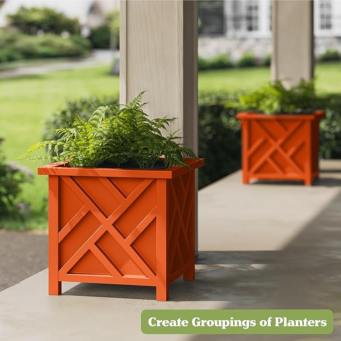 Lattice Design Planter Box - 15.5-Inch-Square Decorative Outdoor Flower or Plant Pot - Front Porch Patio and Garden Decor by Pure Garden (Terracotta)