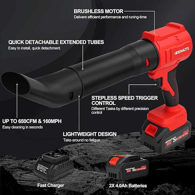 Electric Handheld Leaf Blower Cordless with 2X 4.0Ah Batteries and Charger 650CFM 160MPH 2 Extended Nozzles Portable Mini Lightweight for Seniors Gift YardPatioGutterLawn Care Garden Tool