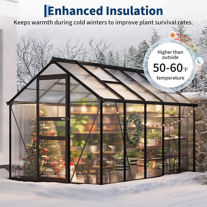 Greenhouse 6×10FT Greenhouses for Outside Walk-in Green House with Ground Nails and Vent Windows Sliding Lockable Door Polycarbonate Green House for Outside Garden Backyard Quick Setup