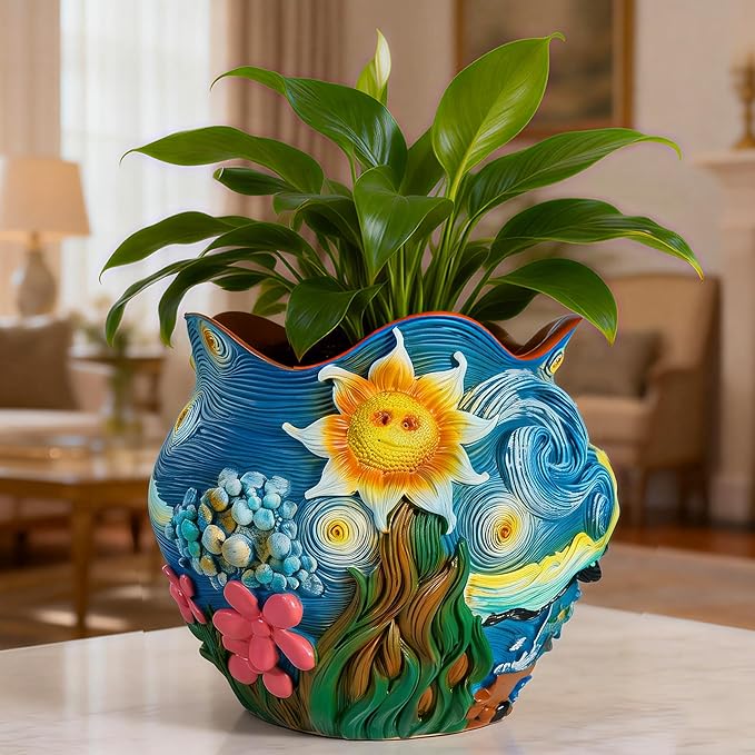Sunflower Starry Sky Plant Pots-Cute Unique Flower Pots with Drainage Hole Resin Planters for Indoor Outdoor Succulent Planter Plant Gifts for Mother's Day Birthday Christmas(Colours)