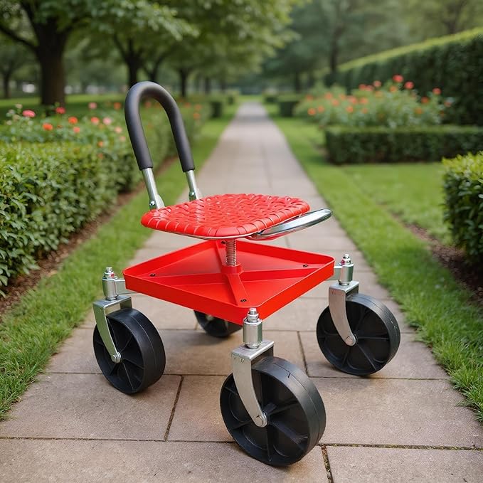 Wheeled CartGarden Stool with WheelsGarden Scooter Steering Handle and Tool TrayAdjustable Height for Pruning