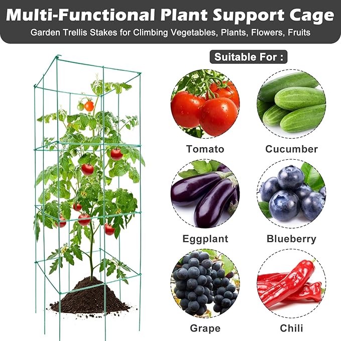 Barbella Tomato Cage 4 Pack Plant Support Cage Square Folding Tomato Cages Garden Plant Support Stake Tower with Clips and Ties Garden Trellis Plant Cage for Vertical Climbing Plants (Green)