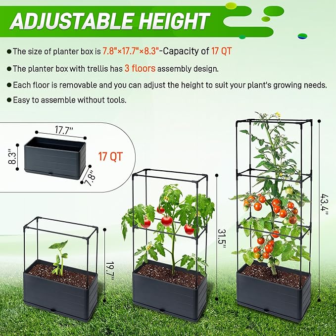 2 Packs Raised Garden Bed Tomato Planter Box with Trellis 43.4 Self-Watering Tomato Cage with Rectangular Trellis for Climbing Plants Flowers Vegetables Vine in Patio Garden Indoor Outdoor