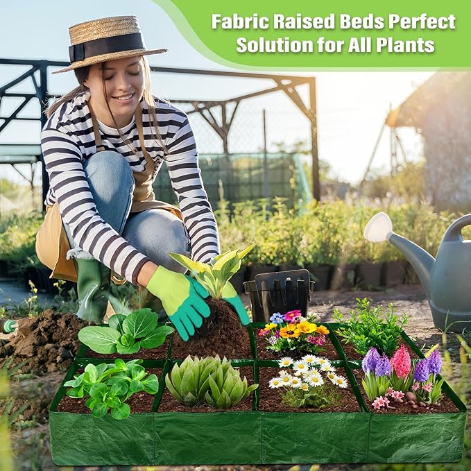 Fabric Raised Garden Bed 2 Pack 8 Grids and 4 Grids 128 Gallon Rectangle Grow Bags with Drainage Holes Breathable PE Planting Containers for Outdoor Vegetables Fruits Flowers