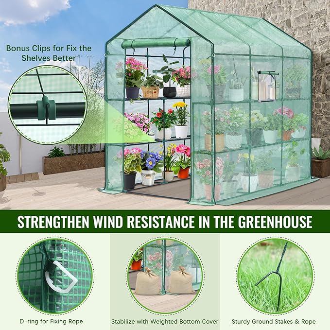 Greengro Greenhouse 57 x 85 x 76'' Greenhouses for Outdoors Portable Greenhouse Kit with Mesh Side Windows PE Cover 8 Shelves Heavy Duty Walk in Green House for Backyard Garden Indoor Outside