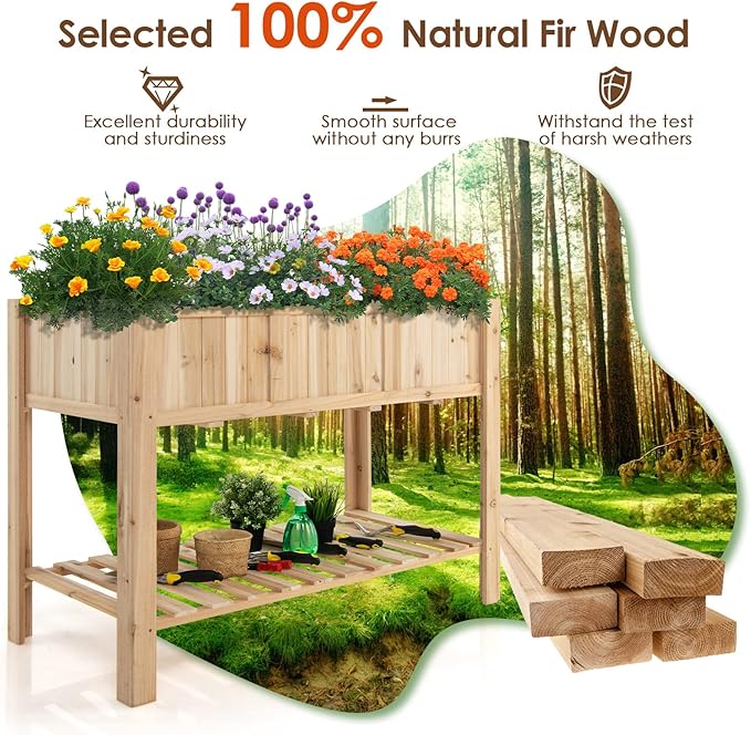 S AFSTAR 47x23x35in Raised Garden Bed Wooden Elevated Planter Box with Solid Legs Storage Shelf Planter Liner Outdoor Standing Planter Bed for Growing Vegetables Flowers Herbs Garden Yard Patio