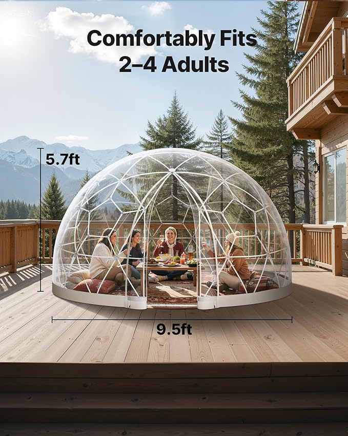 VEVOR Garden Dome Tent 9.5 x 5.7 ft Outdoor Clear Bubble Tent for 2-4 Person Weatherproof Geodesic Dome Greenhouse with Window PVC Transparent Tents for Backyard Patios Camping Party Wedding