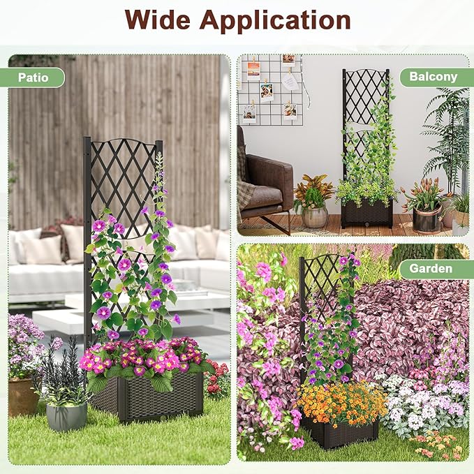 Giantex Raised Garden Bed with Trellis Garden Planter for Vine Climbing Plant Vegetable Herb Flower Outdoor Standing Garden Bed with Drainage Hole for Yard Balcony Entryway 16x16x 48