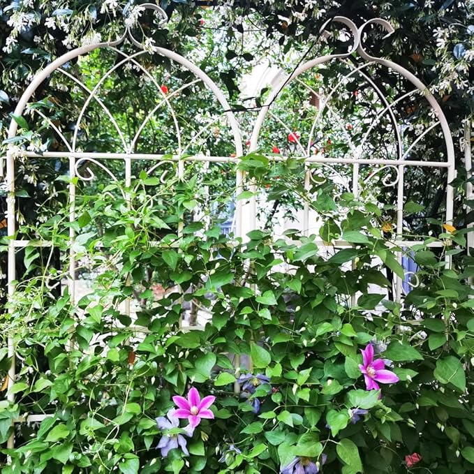 Sturdy Metal Garden Trellis for Climbing Plants – Rust Resistant Outdoor Flower Support with Decorative Lattice Design (2 Pack-Cream White)