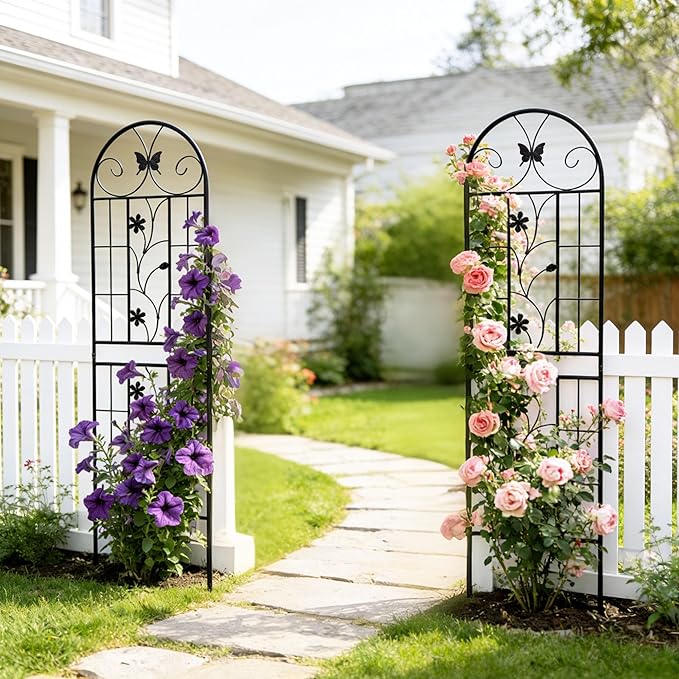 2 Pack Large Garden Trellis Heavy Duty Rustproof Iron Plant Trellis for Potted Plant Support Metal Climbing Rose Trellis Vine Vegetable CucumberBlack-71 H x 19.7 W