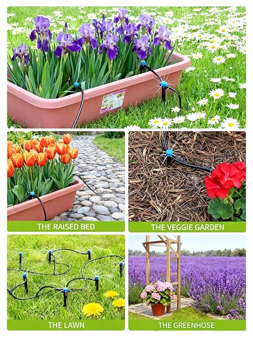 98.4ft Drip Irrigation System Garden Watering Kit with Heavy Duty Solid Brass Splitter 1/4 Tubing Adjustable Emitters DIY Automatic Irrigation for Patio Greenhouse Flower Bed
