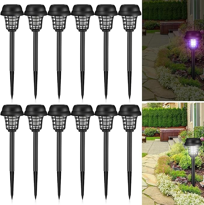 Qualirey 12 Pcs Solar Bug Zapper Outdoor Waterproof Solar Mosquito Zapper Outdoor Solar Powered Mosquito Killer Lamp Lighting Mosquito Repellent Lamp for Patio Yard Garden Insect Purple White Light