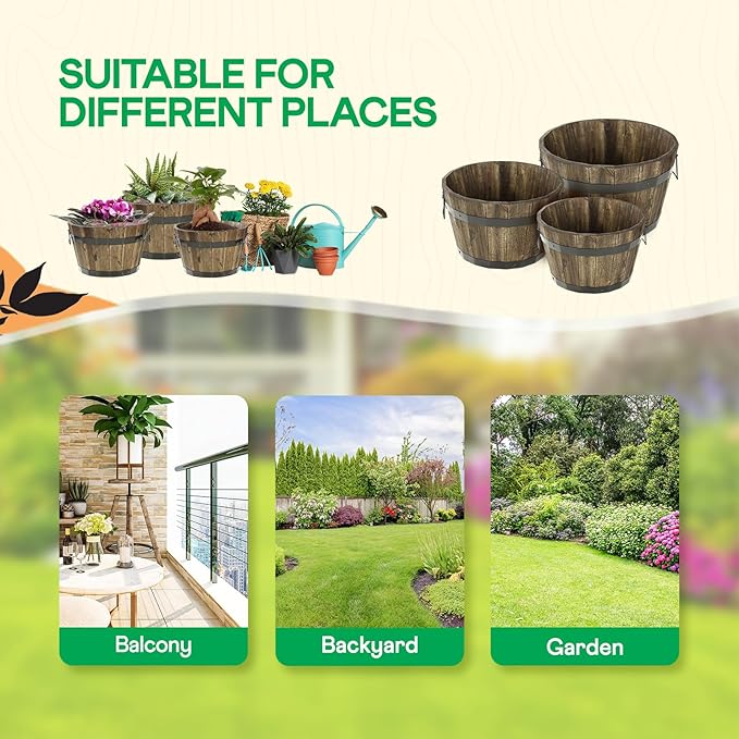 Idzo Set of 3 Wooden Flower Planters for Outdoor Plants Acacia Wood Barrel Planters Ergonomic Handles Drainage Holes Various Sizes Walnut