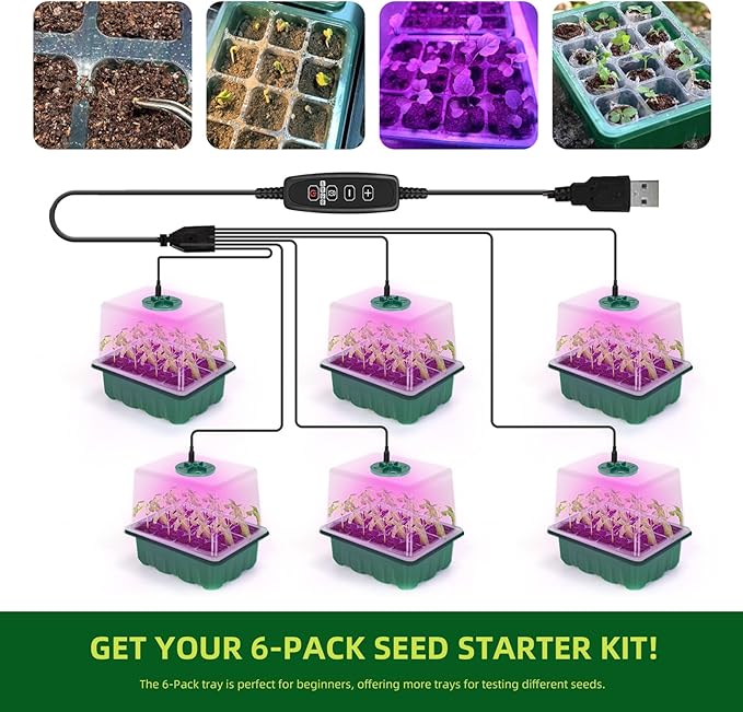 Seed Starter Tray with Grow Light 6-Pack 72 Cell Seed Starter Trays Germination Tray with Humidity Dome Timing Adjustable Brightness for Starting Vegetable Flower Indoor Herb Garden