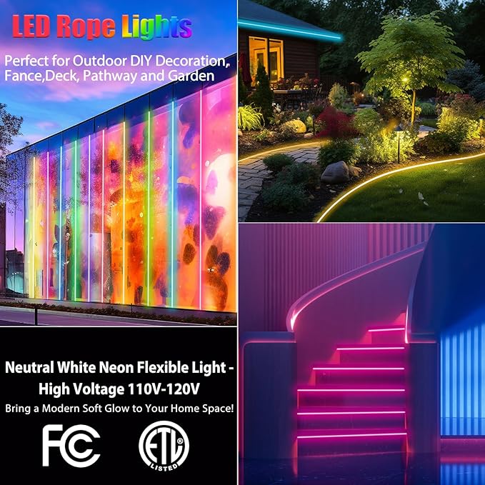 32.8ft RGB Neon Rope Light with Remote - Dimmable Waterproof LED Strip Lights for Indoor &amp Outdoor Premium Expandable Lighting to Create Vibrant Atmosphere in Bedroom KTV Bar Decor - ETL Certif