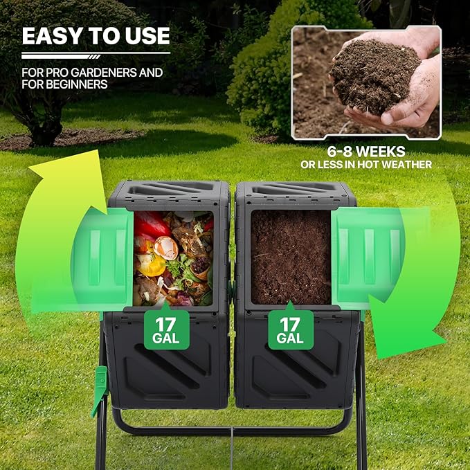 MoNiBloom 34 Gallon Compost Bins Outdoor Dual Chamber Composter Tumbler All-Season Fast Working Tumbling Composter High Volume Composter with 2 Sliding Doors
