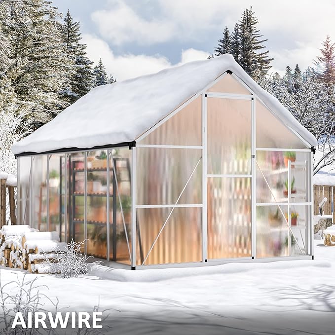 8×12 FT Walk-in Greenhouse for Outdoors Polycarbonate Greenhouse Kit with Roof Vent Large Heavy Duty Green Houses for Outside Backyard Patio Garden Sliver