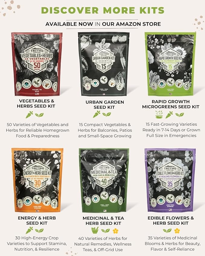 Tactiko Survival 60 Medicinal &amp Survival Seed Kit – Heirloom Non-GMO USA Grown Seeds for Vegetables Herbs &amp Edible Flowers – Emergency Food Supply Vault - Mylar Storage - Tools - Planting Gui