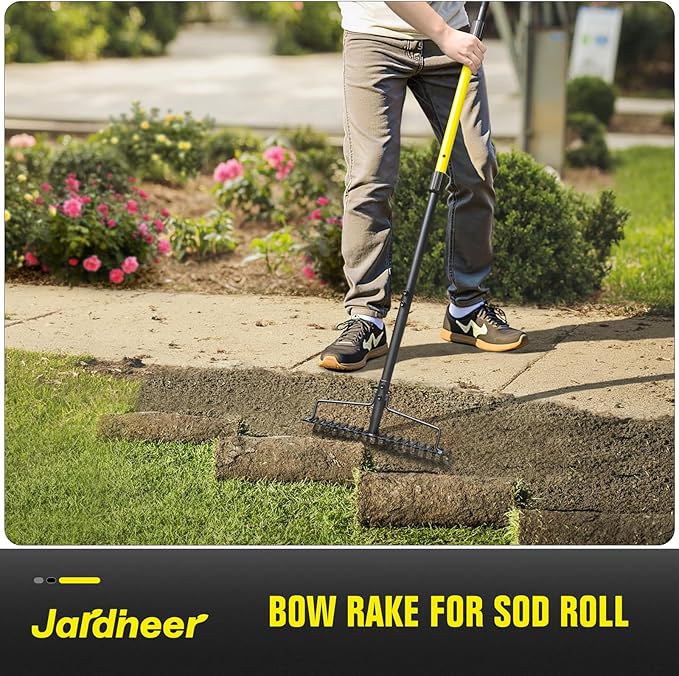Jardineer Bow Rake Heavy Duty Long Handle Metal Rakes for Gravel Rocks Lawns Leaves Soil Leveling Landscaping Garden Rake with 18 Steel Tines (59 Inches)