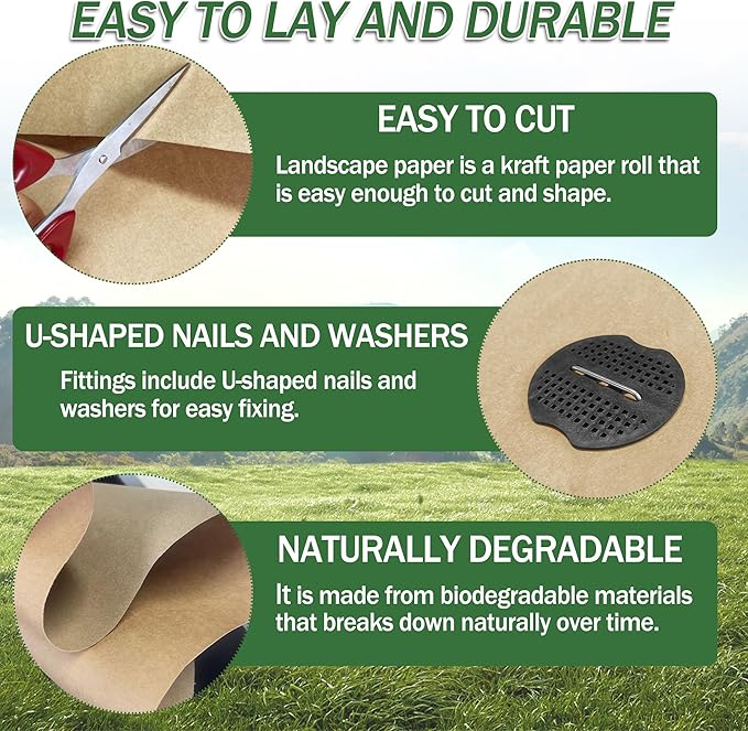 120 x 4 Ft Biodegradable Paper Weed Barrier Garden Paper Weed Barrier with U-Shaped Ground Nails Biodegradable Landscape Fabric Weedguard Plus Paper Mulch for Weed Control &amp Holds Soil Moisture