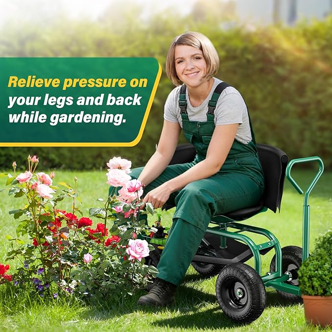 Garden Seat with Wheels Rolling Garden Stool with Adjustable 360°Swivel Seat Storage Basket &amp Extendable Handle Outdoor Gardening Scooter Garden Cart Workseat Stools for Seniors