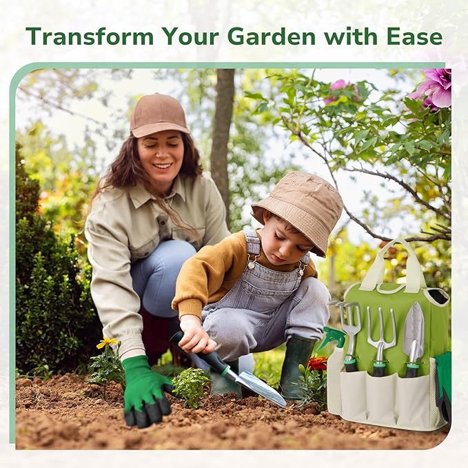 GreatBuddy Garden Tool Set for Women 9 Piece Heavy Duty Rust-Proof Gardening Tool Set with Ergonomic Handles &amp Durable Organizer Handbag Ideal Gardening Gifts for Mothers Gardener BeginnersGr