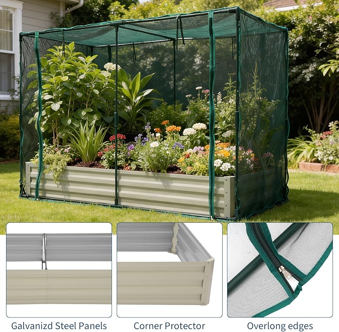 Raised Garden Bed with Plant Netting Cover 8 x 4 x 1 ft Garden Bed Cover with Zippered Door Shade Canopy &amp Frame Easy to Install for Vegetables Fruits