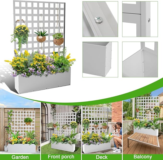 Metal Planter Box with Trellis Raised Garden Bed with Trellis 71x47x12 Planter Box with Privacy Screen and Drainage Holes for Climbing Plants Flower Privacy Planters for Patio White