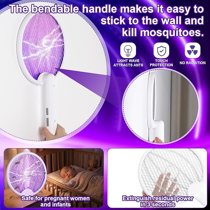 Qualirey 4 Pcs Electric Fly Swatter Bug Zapper Racket 2 in 1 USB Rechargeable Mosquito Racket 3000v High Powered Mosquito Killer for Indoor Outdoor Home Bedroom Kitchen Patio Office Insect (Foldable)