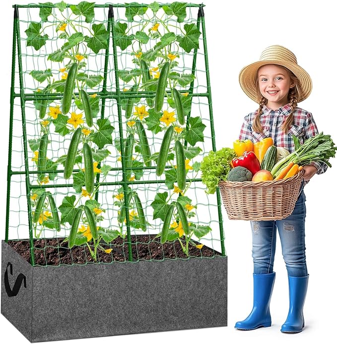 Cucumber Trellis with Grow Bag 50 x 36 Inches Reusable Garden Vegetable Trellis with Fabric Raised Bed Climbing Net and Plant Support Clips for Greenhouse Climbing Plants