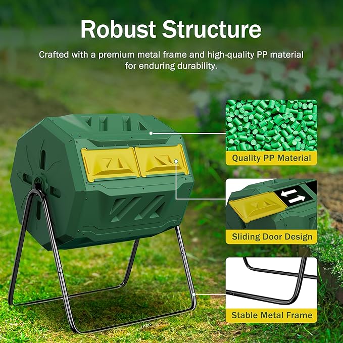 SUPER DEAL Outdoor Composter Bin 43 Gallon Dual Chamber Composter Tumbler 360° Rotating BPA Free with Sliding Doors Heavy Duty Steel Frame for Garden Yard Kitchen Waste Green