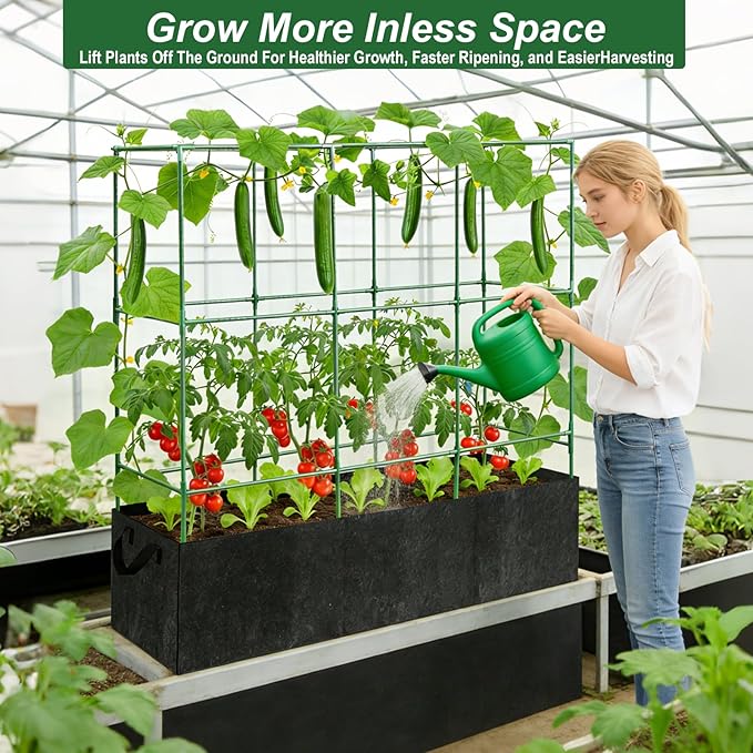 Cucumber Trellis with 46 Gallon Grows Bag 51x17x65Inch Squar Outdoor Indoor Greenhouse Tomato Cage Garden Trellis with Plant Support Clips for Climbing Plants Squash Vegetables Pumpkin Pea Grape