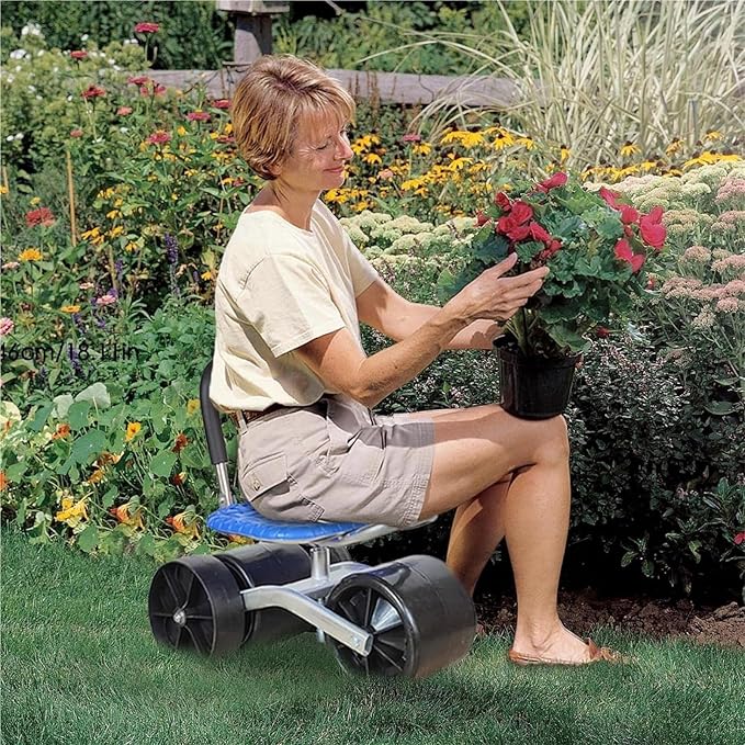 Rolling Garden Cart with Seat 360° Swivel Garden Work Seat on Wheels Adjustable Height Gardening Chair Outdoor Lawn Yard Patio Wagon Scooter(4-Weel)