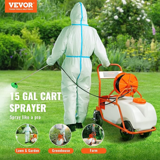 VEVOR Battery Powered 15 Gallon Garden Weed Sprayer with Wheeled Cart 126FT Hose with Reel 8 Nozzles 2 Wands with Lock Trigger 0-90PSI 5-6h Spray Time Wide Mouth Lid Rotating Wheels with Brake