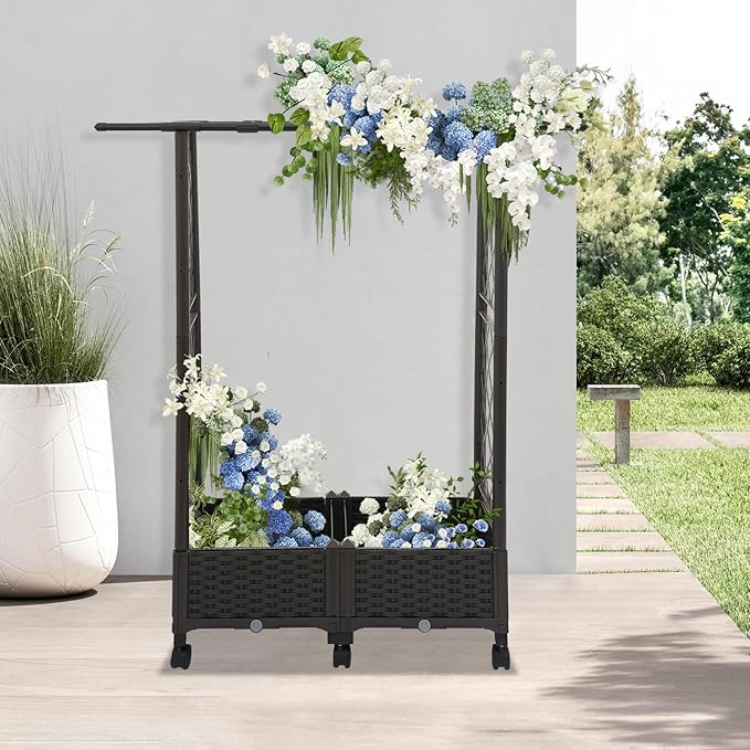 Grid-Patterned Flower Box with WheelsRaised Garden Bed Planter with TrellisOutdoor Planter Garden Box for Backyard Balcony Patio