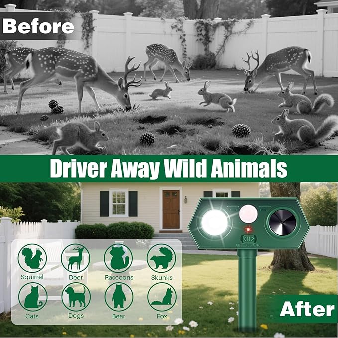 4Pack Solar Ultrasonic Animal Repellent Outdoor Cat Repeller Outdoor Deer Repellent Devices Motion Detection with Motion Sensor for Yard Predator Lights with Red&ampBlue to Scare Rabbit Raccoon