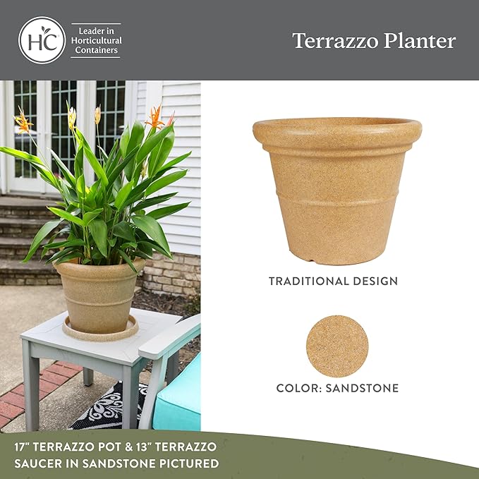 The HC Companies Terrazzo Large Round Plastic Plant Pot w/Rolled Rim - Lightweight &amp UV Resistant Gardening Pot for Herbs &amp More - Outdoor &amp Indoor Plant Pots w/Drainage (30” Sandstone P