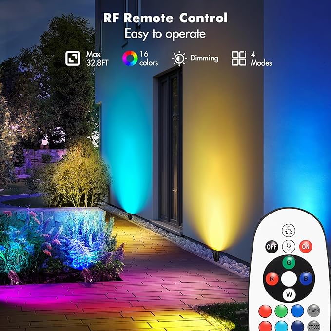 Houkiper RGB Outdoor Spotlight 8W LED Color Changing Landscape Lights with Remote Control 2 Installation Modes IP65 Waterproof Outdoor Spotlights for Garden Lawn Yard Decorative