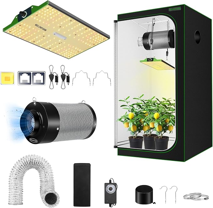 MELONFARM Grow Tent Complete Setup 2x2 70W Full Spectrum LED Grow Light &amp 24x24x48 Grow Tent Bundle 4 Efficient Airflow Ventilation System with Soundproof Duct Connector