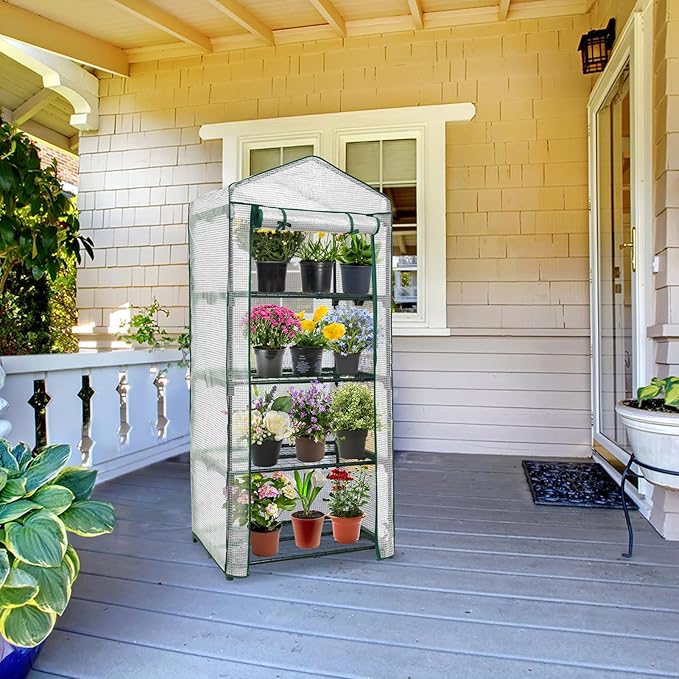 EAGLE PEAK 4-Tier Mini Greenhouse Portable Green House with Shelves &amp Weather-Resistant PE Cover Small Greenhouse for Seedlings &amp Gardening Gifts 27x19x64 in Clear/White