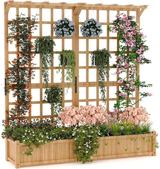 Raised Garden Bed 63 Elevated Wooden Planter Box with Lattice Trellis Wooden Planter Box with Hanging Roof &amp Drainage Holes for Vine Climbing Plants Flower Herb &amp Vegetable