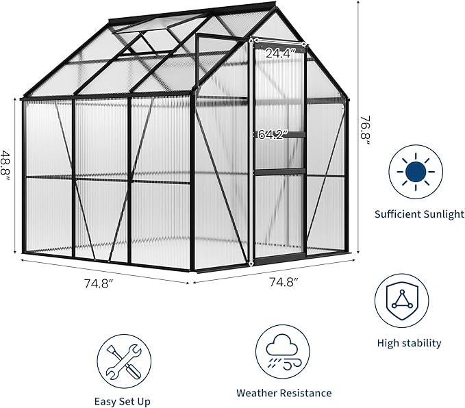 GarveeHome 6x6FT Greenhouse Large Walk-in Polycarbonate Greenhouse with Adjustable Vent Window Sliding Door Portable Green House Kit for Outdoors Winter