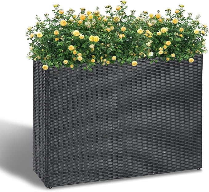 LEWIS&ampWAYNE Large Rectangular Block Planter Box Handmade Wicker Tall Planters for Outdoor Plants with Removable Liners Modern Planter for Indoor Outdoor Patio Deck - Black 38''x11''x30''