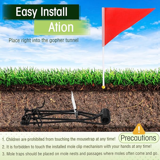 Qualirey 32 Pcs Outdoor Gopher Traps Bulk - Reusable Galvanized Gopher Trap with Red Stick Flags Weather Resistant Mole Vole Trap Killer for Farm Lawn Yard Garden (Black)