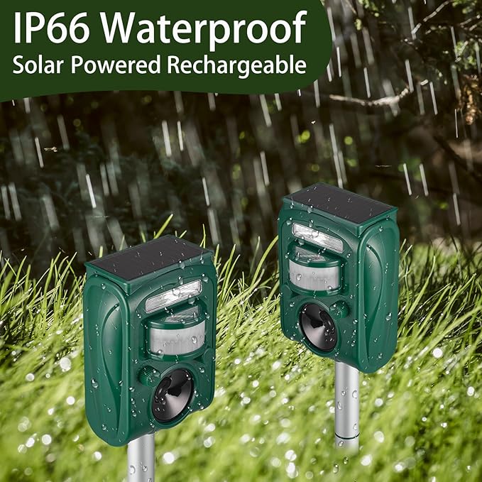 Solar Ultrasonic Animal Repellent Outdoor Squirrel Deer Repellent Devices Motion DetectionIP65 Waterproof Cat Mouse Raccoon Dog Bird Repellent Deterrent 2 Pack
